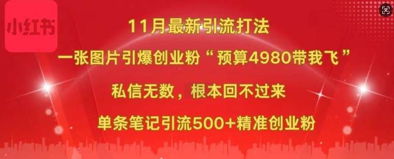 小红书11月最新图片打粉，一张图片引爆创业粉，“预算4980带我飞”，单条引流500+精准创业粉-搞钱利器