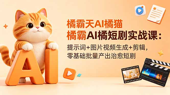 橘霸天AI橘猫短剧实战课：提示词+图片视频生成+剪辑，零基础批量产出治愈短剧-搞钱利器