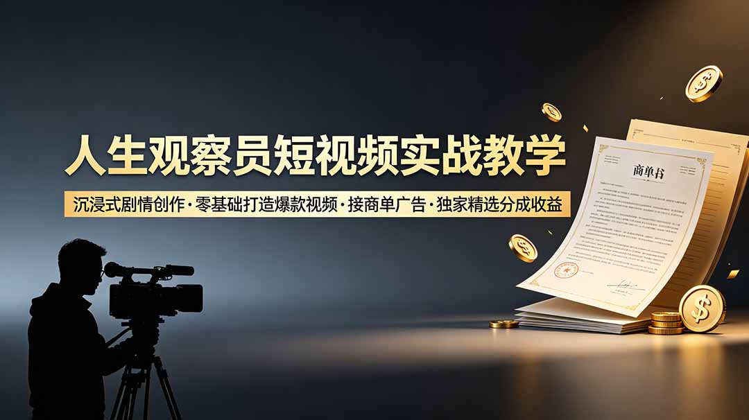 人生观察员短视频实战教学，沉浸式剧情创作，零基础打造爆款视频，接商单广告，独家精选分成收益-搞钱利器