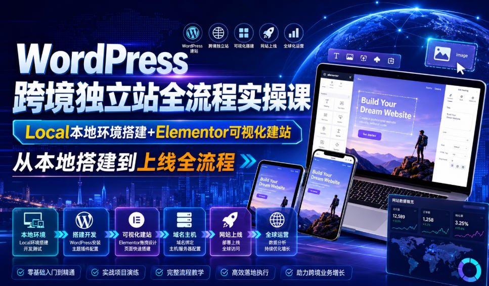 WordPress跨境独立站全流程实操课｜Local本地环境搭建+Elementor可视化建站，从本地搭建到上线全流程-搞钱利器