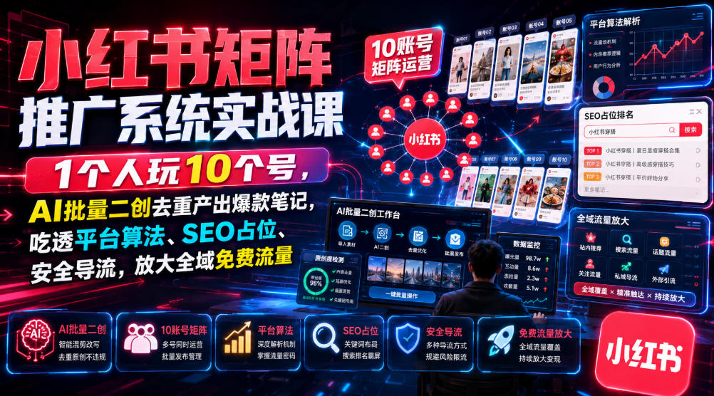 小红书矩阵推广系统实战课｜1个人玩10个号，AI批量二创去重产出爆款笔记，吃透平台算法、SEO占位、安全导流，放大全域免费流量-搞钱利器