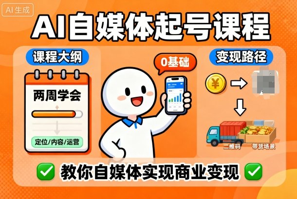 AI自媒体起号课程，0基础小白两周学会，教你自媒体实现商业变现-搞钱利器