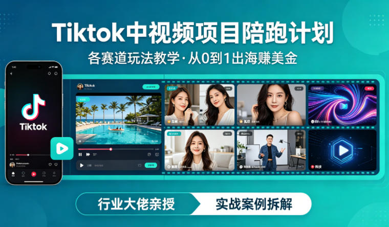 某大佬的Tiktok中视频项目陪跑，涵盖TK各个赛道玩法教学，从0到1出海賺美金-搞钱利器