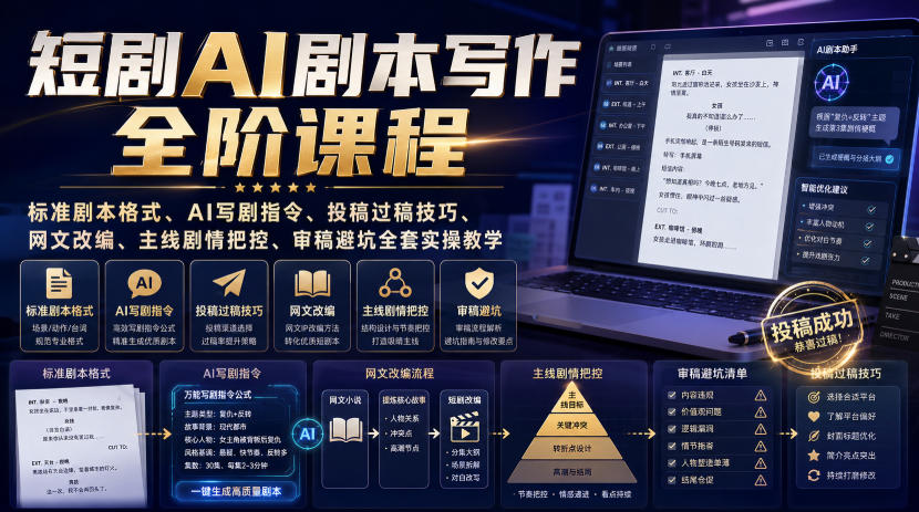 短剧AI剧本写作全阶课程｜标准剧本格式、AI写剧指令、投稿过稿技巧、网文改编、主线剧情把控、审稿避坑全套实操教学-搞钱利器