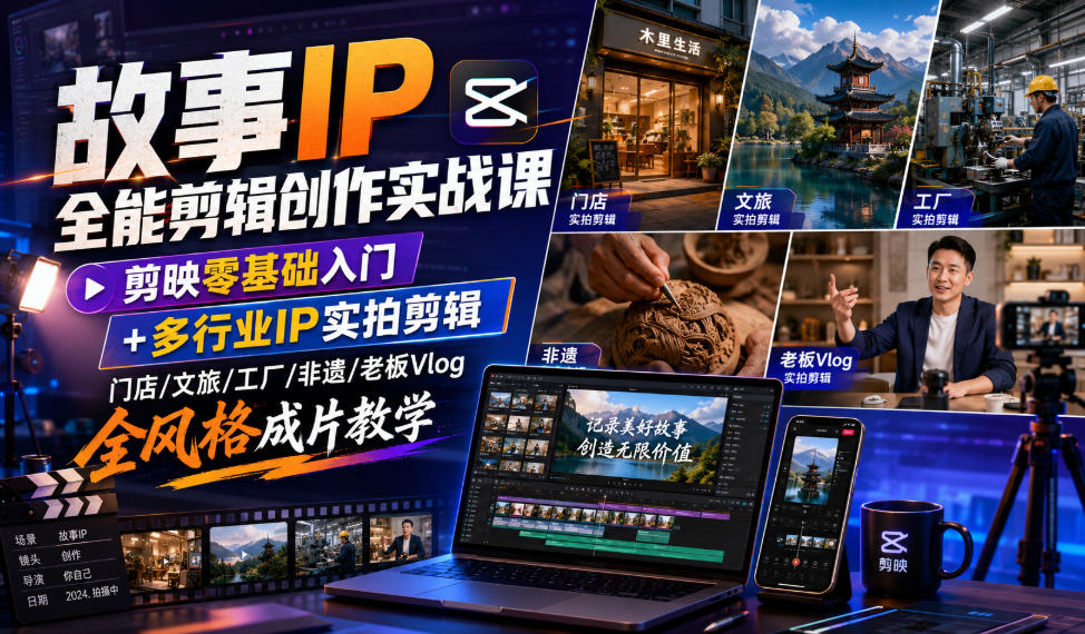 故事IP全能剪辑创作实战课｜剪映零基础入门+多行业IP实拍剪辑，门店/文旅/工厂/非遗/老板Vlog全风格成片教学-搞钱利器
