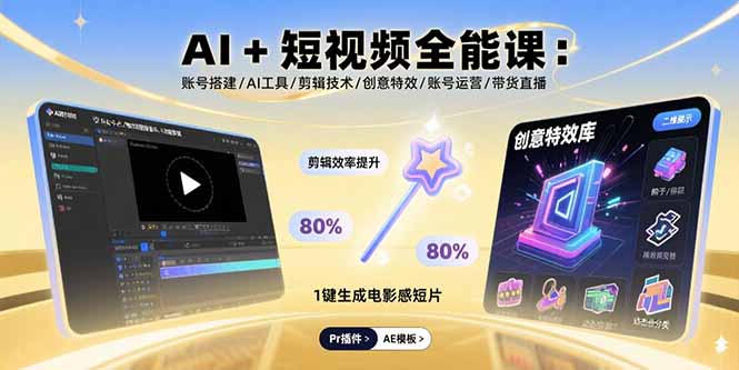AI+短视频全能课：账号搭建/AI工具/剪辑技术/创意特效/账号运营/带货直播-搞钱利器