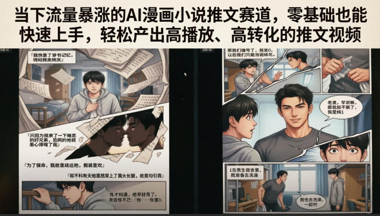 当下流量暴涨的AI漫画小说推文赛道，零基础也能快速上手，轻松产出高播放、高转化的推文视频-搞钱利器