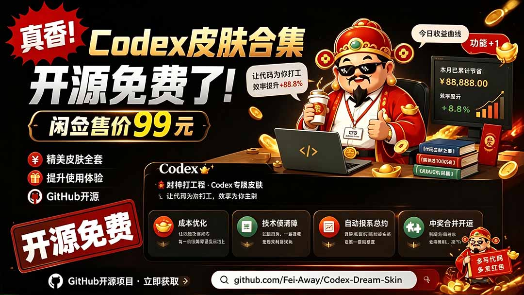 闲鱼售卖99元的Codex皮肤包,GitHub 免费开源了!让你的codex变成精美界面 Codex Dream Skin-搞钱利器