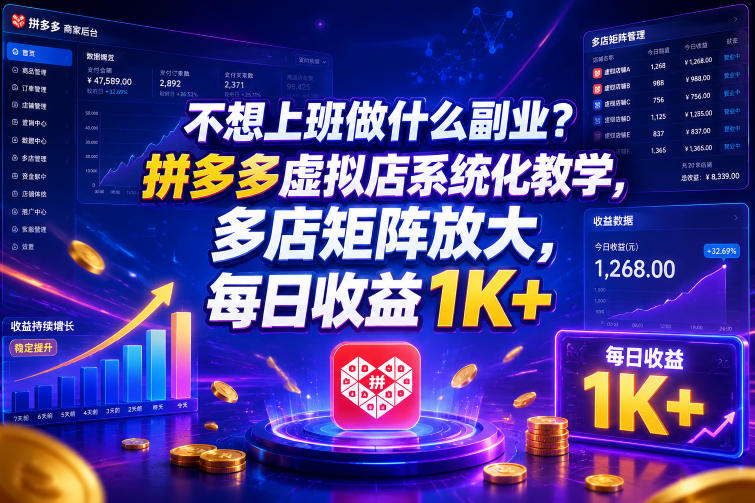 不想上班做什么副业？拼多多虚拟店系统化教学，多店矩阵放大，每日收益1K+【揭秘】-搞钱利器