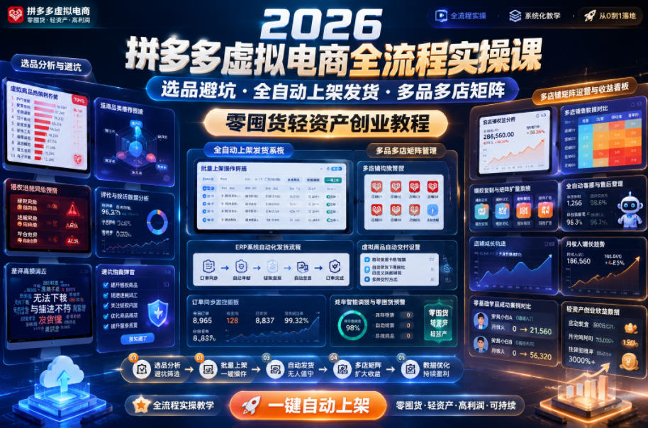2026拼多多虚拟电商全流程实操课，选品避坑・全自动上架发货・多品多店矩阵，零囤货轻资产创业教程-搞钱利器