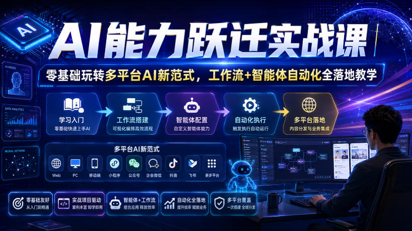 AI能力跃迁实战课｜零基础玩转多平台AI新范式，工作流+智能体自动化全落地教学-搞钱利器