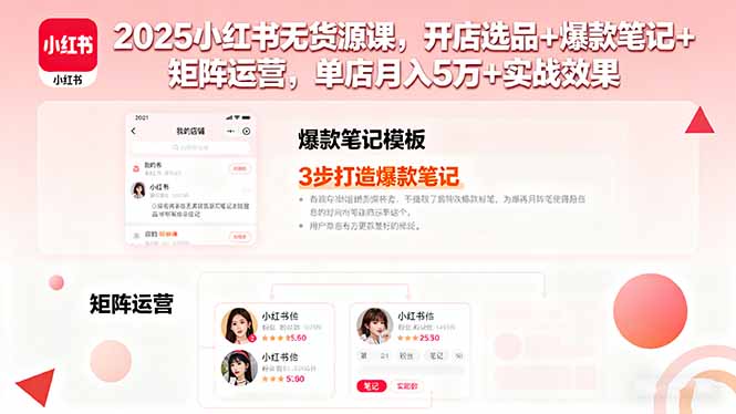 2025小红书无货源课，开店选品+爆款笔记+矩阵运营，单店月入5万+实战效果-搞钱利器