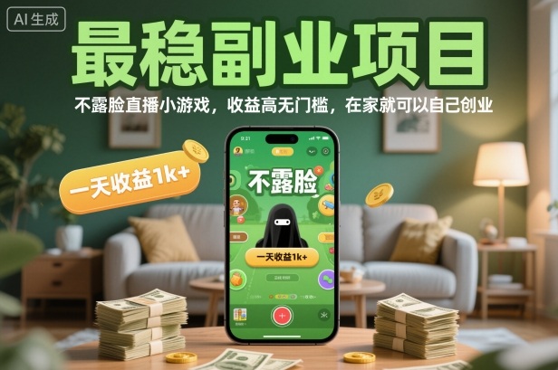 最稳副业项目，不露脸直播小游戏，收益高无门槛，一天收益1k+，在家就可以自己创业【揭秘】-搞钱利器