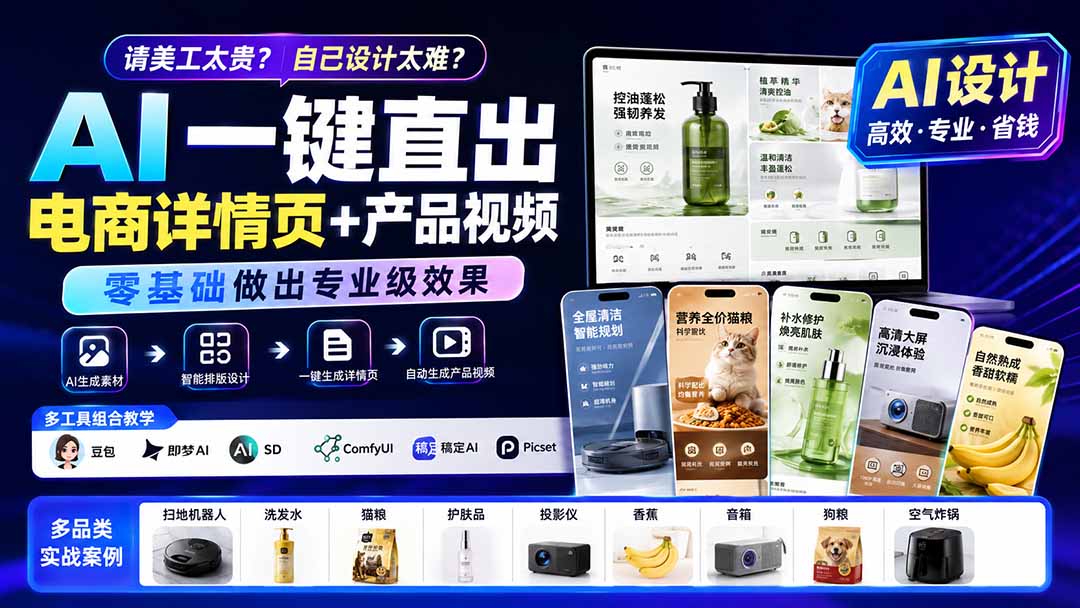 请美工太贵？自己设计太难？AI一键直出电商详情页+产品视频，零基础做出专业级效果 (更新0820-搞钱利器