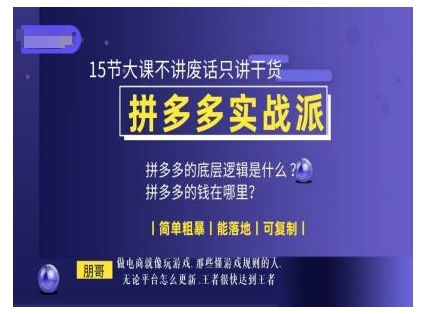 朋哥电商(拼多多实战派)，15节大课不讲废话只讲干货，简单粗暴 能落地 可复制-搞钱利器