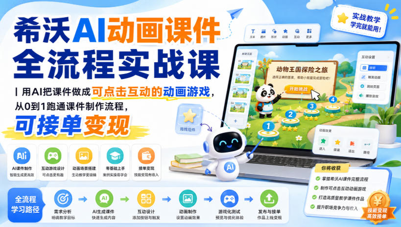 希沃AI动画课件全流程实战课｜用AI把课件做成可点击互动的动画游戏，从0到1跑通课件制作流程，可接单变现-搞钱利器