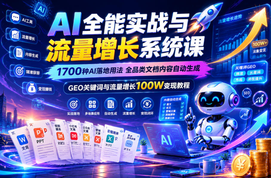 AI全能实战与流量增长系统课,1700种AI落地用法,全品类文档内容自动生成,GEO关键词与流量增长100W变现教程-搞钱利器