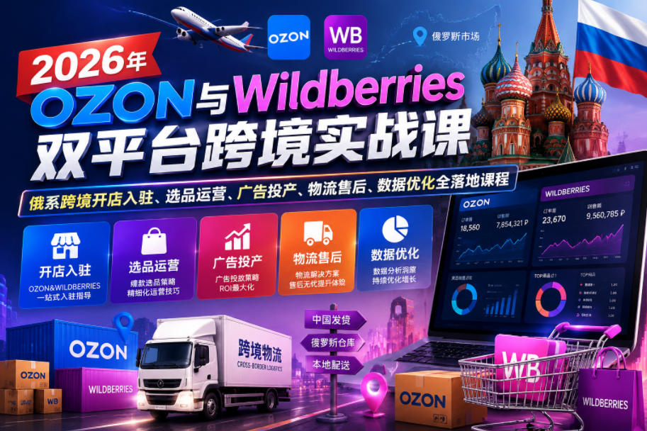 2026年OZON与Wildberries双平台跨境实战课，俄系跨境开店入驻、选品运营、广告投产、物流售后、数据优化全落地课程-搞钱利器