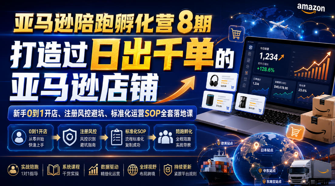 亚马逊陪跑孵化营8期，打造过日出千单的亚马逊店铺，新手0到1开店、注册风控避坑、标准化运营SOP全套落地课-搞钱利器