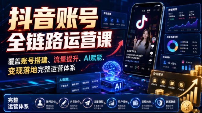 抖音账号全链路运营课，覆盖账号搭建、流量提升、AI赋能、变现落地完整运营体系-搞钱利器
