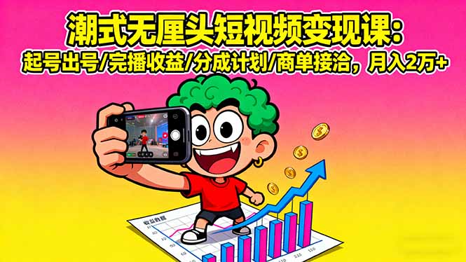 潮式无厘头短视频变现课：起号出号/完播收益/分成计划/商单接洽，月入2万+-搞钱利器