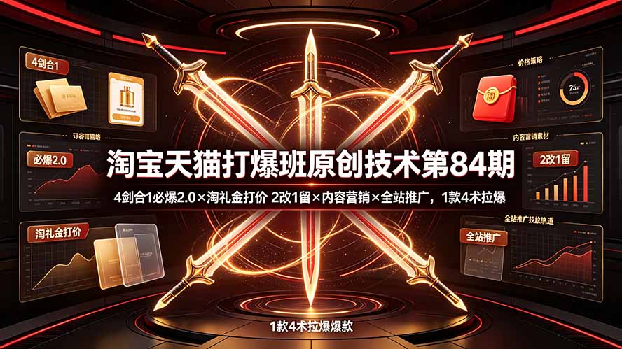 淘宝天猫打爆班原创技术第84期:4剑合1必爆2.0×淘礼金打价×2改1留×内容营销×全站推广,1款4术拉爆-搞钱利器