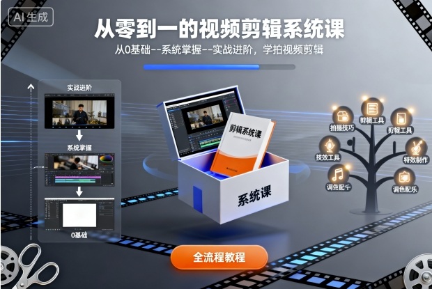 从零到一的视频剪辑系统课，从0基础–系统掌握–实战进阶，学拍视频剪辑-搞钱利器