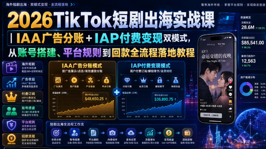 2026TikTok短剧出海实战课｜IAA广告分账+IAP付费变现双模式，从账号搭建、平台规则到回款全流程落地教程-搞钱利器