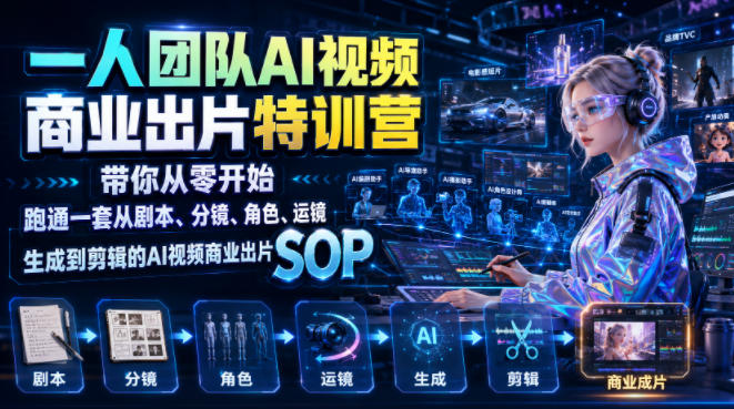 一人团队AI视频商业出片实战课：带你从零开始跑通一套从剧本、分镜、角色、运镜、生成到剪辑的AI视频商业出片SOP-搞钱利器