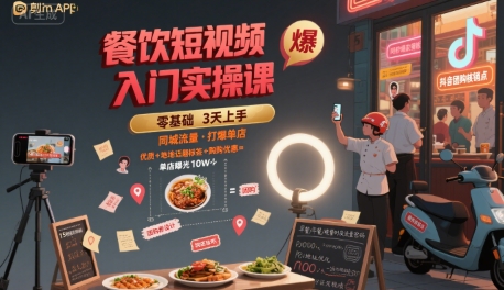餐饮短视频入门实操课，引爆同城流量，打爆单店-搞钱利器
