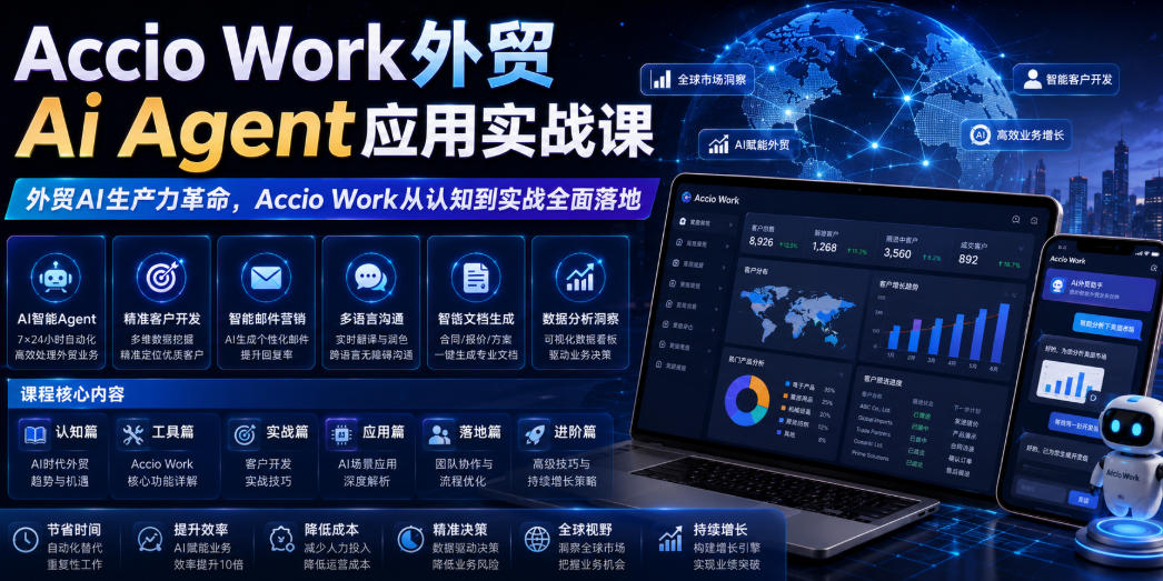 Accio Work外贸Ai Agent应用实战课，外贸AI生产力革命，Accio Work从认知到实战全面落地-搞钱利器