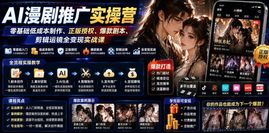 AI漫剧推广实操营｜零基础低成本制作、正版授权、爆款剧本、剪辑运镜全变现实战课-搞钱利器