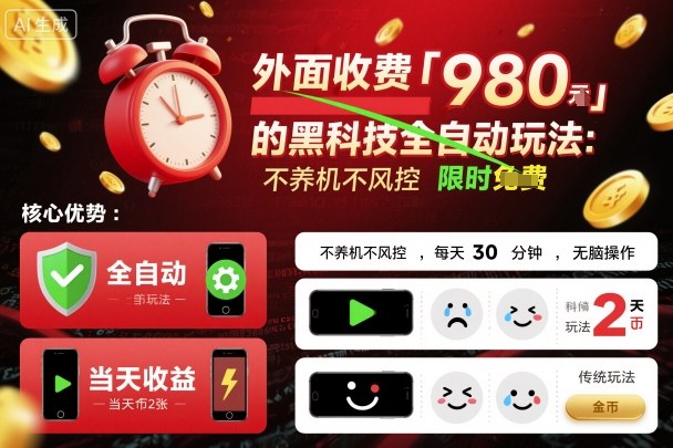 外面收费980的黑科技全自动玩法，不养机不风控，每天30分钟，无脑操作，当天收益2张【揭秘】-搞钱利器