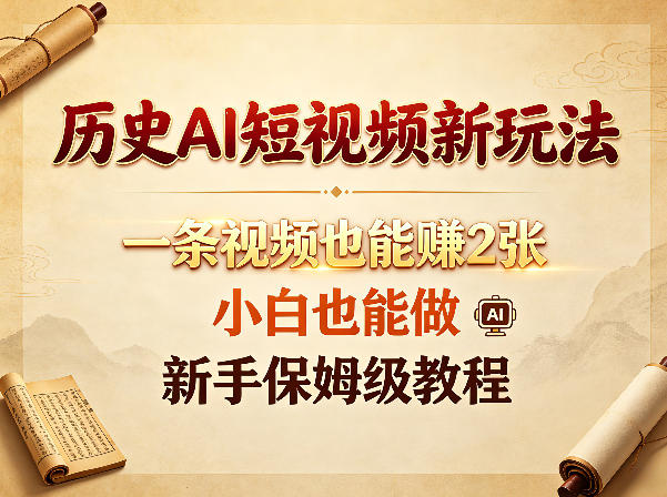 历史AI短视频新玩法，一条视频也能賺2张，小白也能做，新手保姆级教程-搞钱利器
