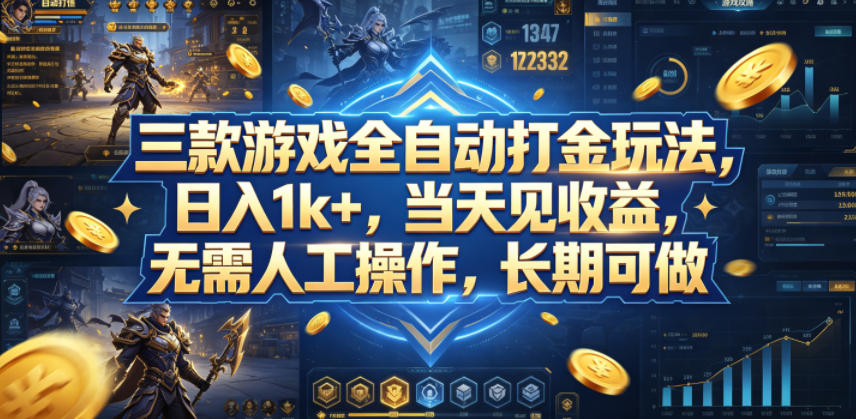 三款游戏全自动打金玩法，日入1k+，当天见收益，无需人工操作，长期可做【揭秘】-搞钱利器
