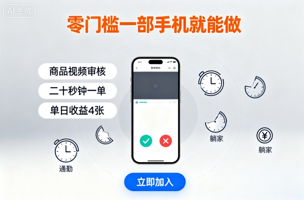 零门槛一部手机就能做，商品视频审核，通勤躺家碎片时间都能做，二十秒钟一单，单日收益4张【揭秘】-搞钱利器