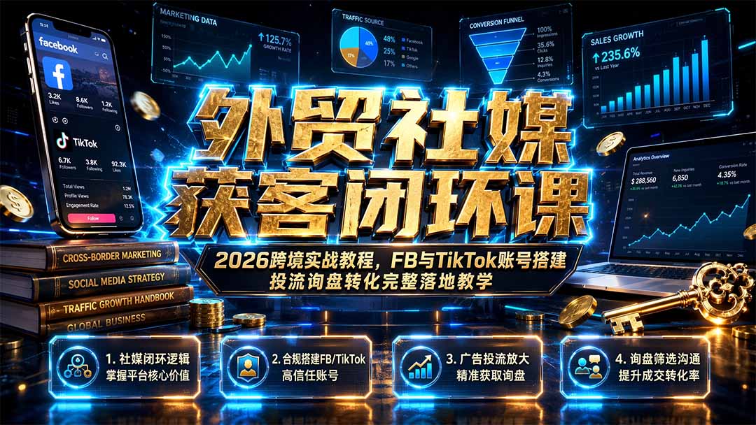 外贸社媒获客闭环课｜2026跨境实战教程，FB与TikTok账号搭建投流询盘转化完整落地教学-搞钱利器