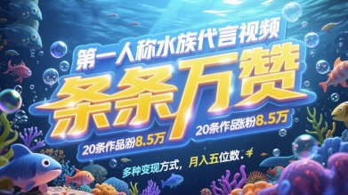 第一人称水族代言视频，条条万赞，20条作品涨粉7.8W，多种变现方式月入五位数-搞钱利器